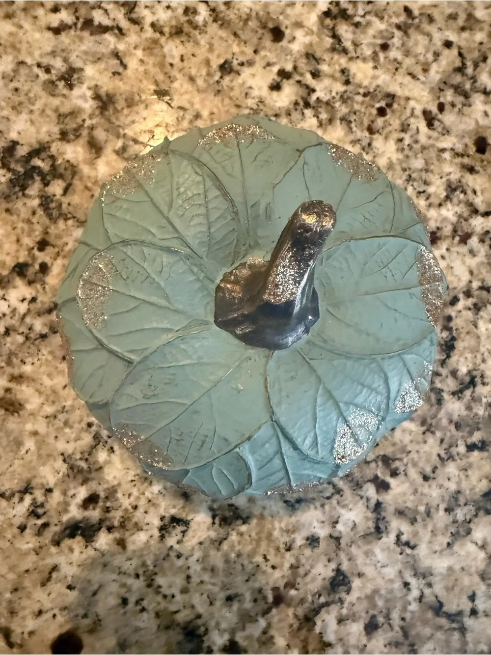Decorative Blue Pumpkin with Silver Leaf Accents Fall Decor
